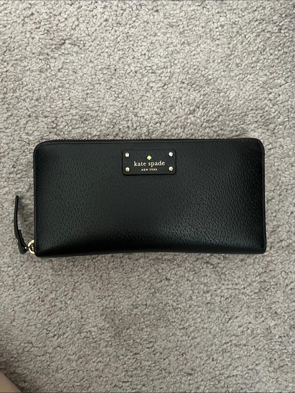 kate spade Black Pebbled Leather Zip Wallet with Gold Hardware